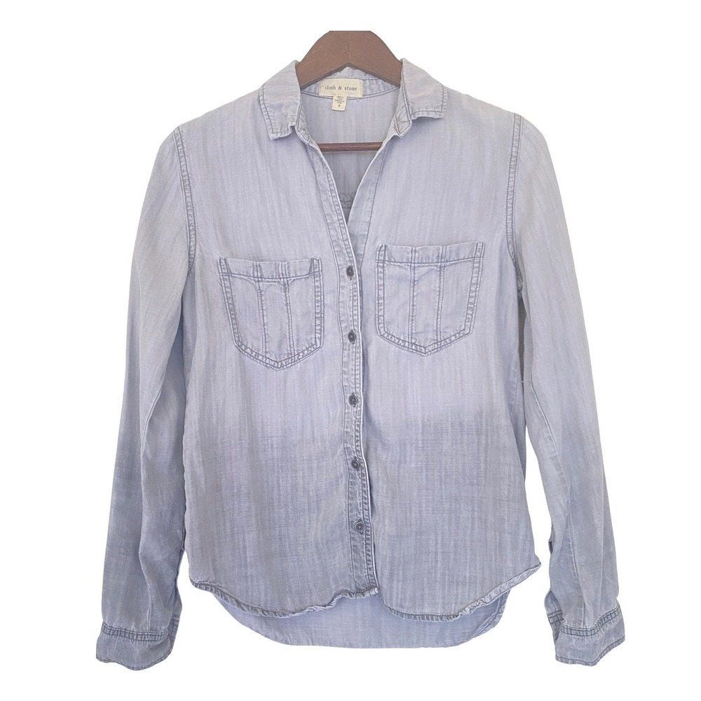 Cloth & Stone Women Tencel Lyocell Button Down Shirt Small Gray Roll-Tab Sleeves